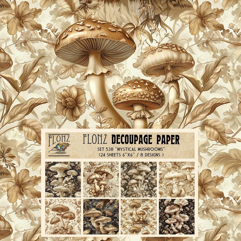 Decoupage Paper Pack (24 Sheets 6"x6") Mystical Mushrooms: Rococo Style Mushroom Illustrations with Vintage Floral Accents # Vintage Styled Paper for Craft and Scrapbooking